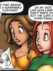 JKR comix. Cartoon girls discuss the superhero costume